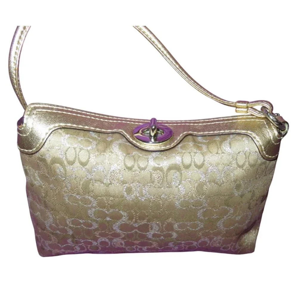 Coach metallic gold and silver Jacquard Turn lock Lurex wristlet lilac interior